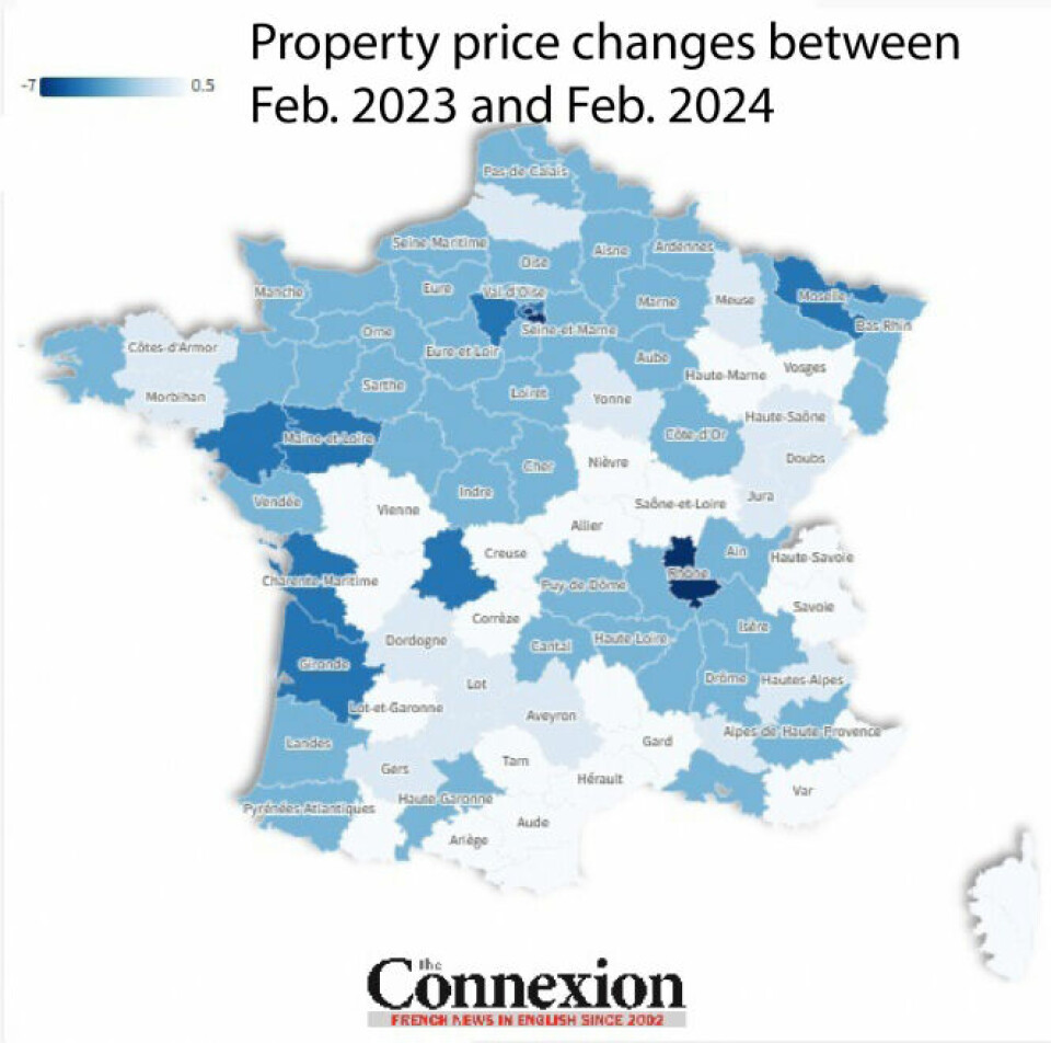 Map of France showing changes in property price by department