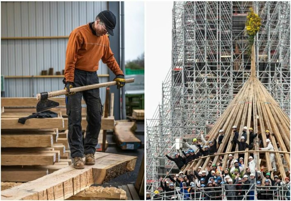 Craftsman working on timber frame / Notre Dame de Paris being rebuilt