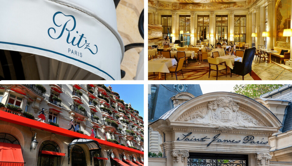 A split image of the hotels Ritz Paris, Le Meurice, The Plaza Athenee, and the Saint James Paris