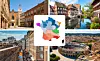 Four-way split image of Perpignan, Strasbourg, Nîmes and Saint-Malo with map of French accents in the middle