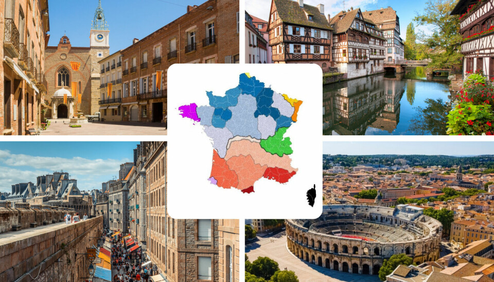 Four-way split image of Perpignan, Strasbourg, Nîmes and Saint-Malo with map of French accents in the middle