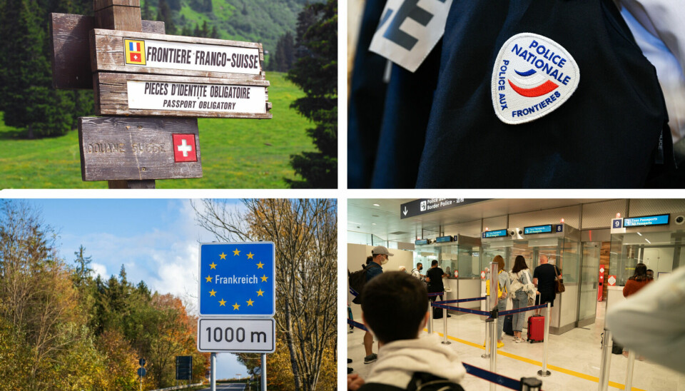 Four-way split image of swiss border, french border police, franco-german border and french airport passport checks