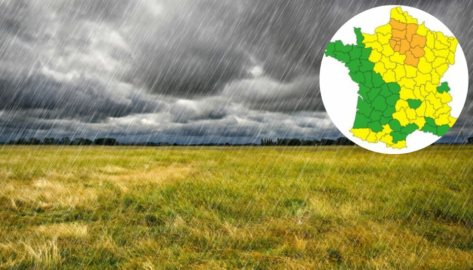 Rainy field in Brittany with inset weather map of France