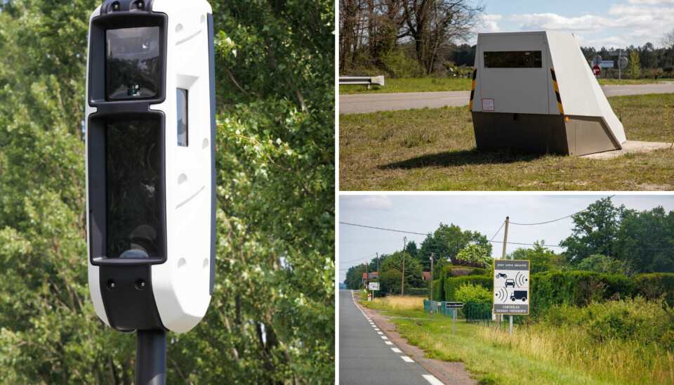 Three-way split image of tourelle and radar chantier speed cameras, and a French speed camera road sign
