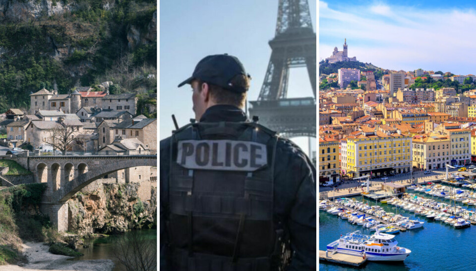 Three way split image of Saint-Chély-du-Tarn in Ardèche, a French policeman in front of the Eiffel tower and Marseille
