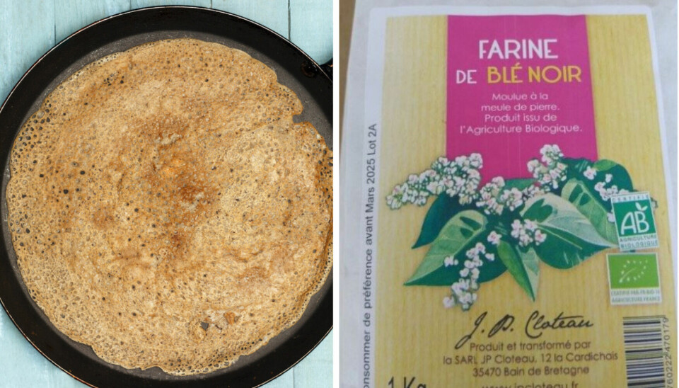 Split image of breton crepe and packet of buckwheat