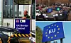 Three-way spilt image of Uk border control, EU sign and house of commons committee meeting