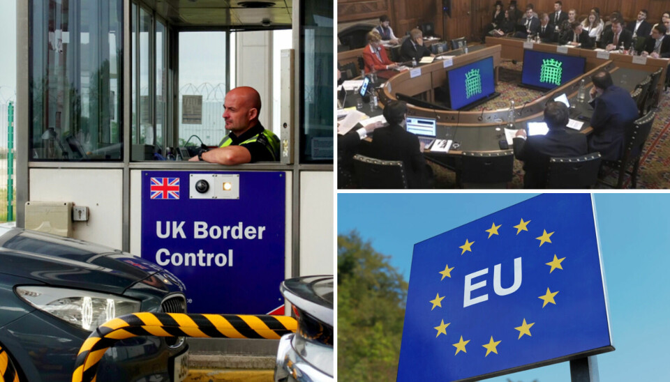 Three-way spilt image of Uk border control, EU sign and house of commons committee meeting