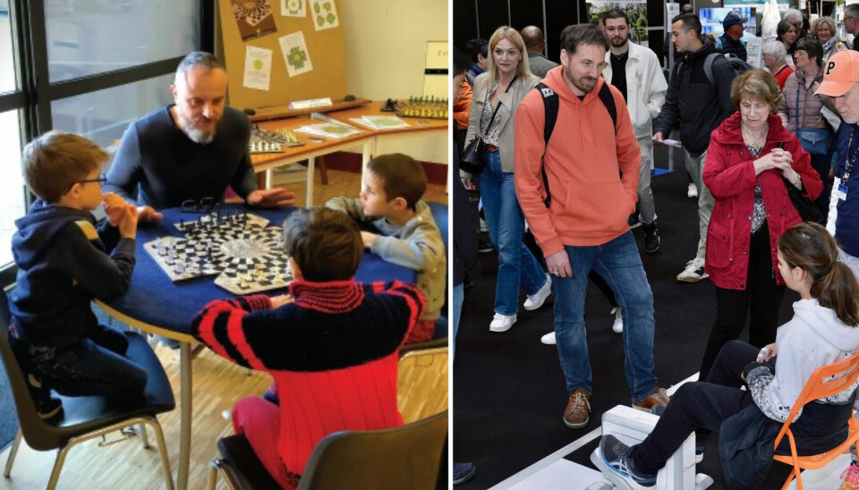 split image of four-player chess and visitors at innovation competition in paris