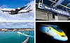 Four way split image of Air France plane, Non-schengen arrivals sign, Eurostar train and ferries arriving at the port of Dover