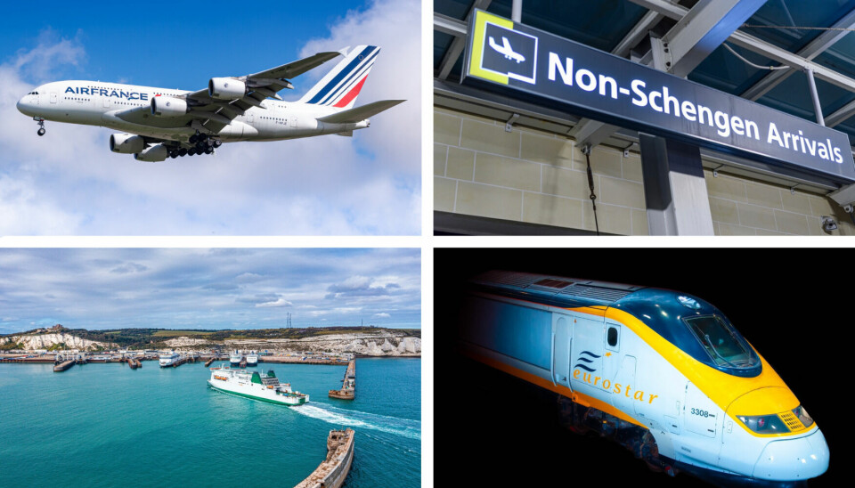 Four way split image of Air France plane, Non-schengen arrivals sign, Eurostar train and ferries arriving at the port of Dover