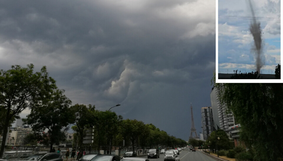 Storm over Paris, France with inset photo of tornado