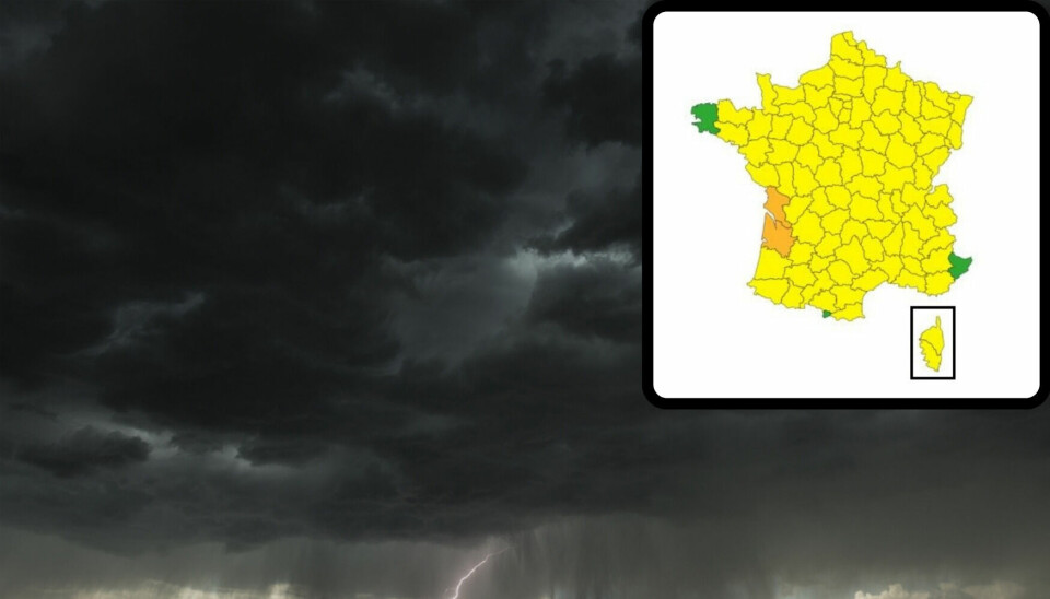 Image of storm and, inset, map of weather alerts in France