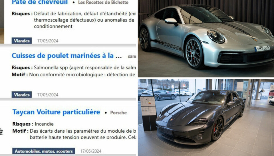 Split image of French product recall website and Porsche Taycan and 911