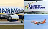 three-way split image of a Ryanair plane taxiing, an easyJet plan in the air and a close-up of Bordeaux-Mérignac airport sign