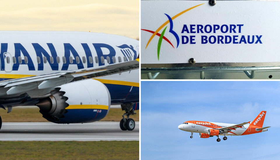 three-way split image of a Ryanair plane taxiing, an easyJet plan in the air and a close-up of Bordeaux-Mérignac airport sign