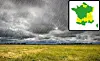 Rain in a field in Brittany with inset weather warning map of France