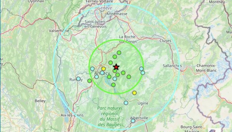 Map of earthquake near Annecy, France
