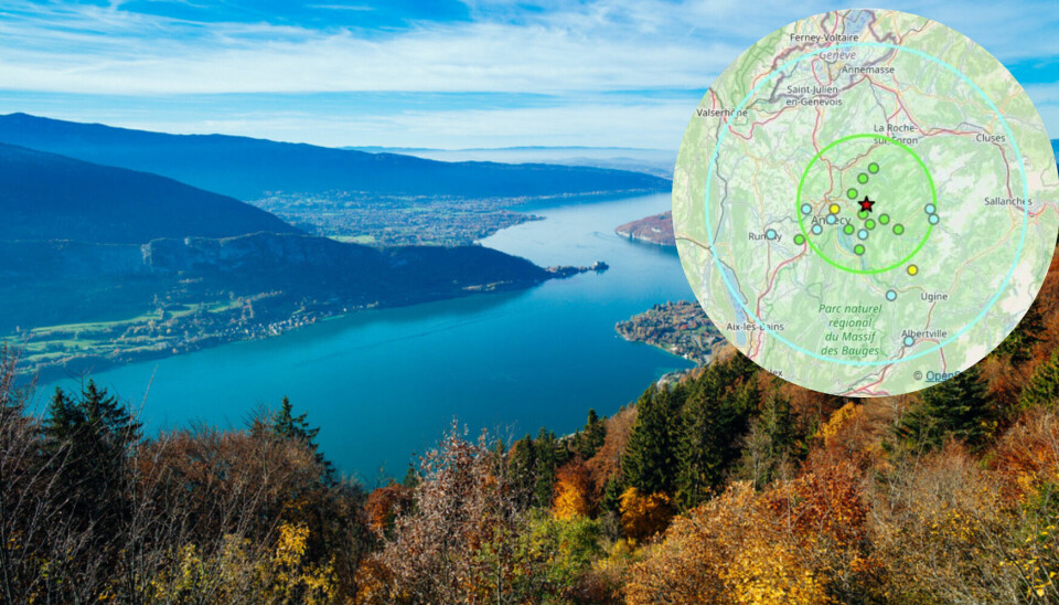 Lake Annecy, in the Haute-Savoie region of France with inset map of earthquake