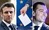 Three-way split image of French President Emmanuel Macron, the European election and Rassemblement National leader Jordan Bardella