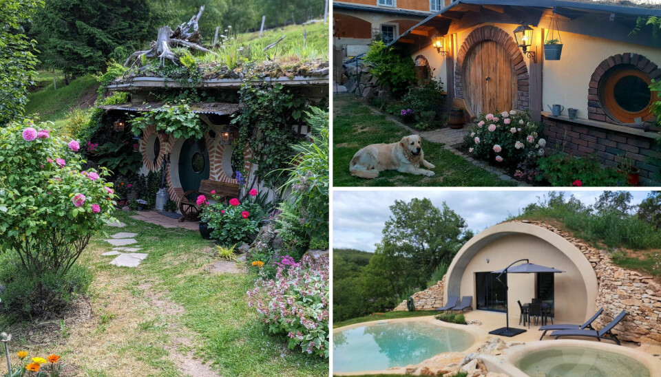 Three-way split image of three hobbit-style homes-in-the-ground in France