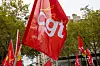 A view of CGT flags at a protest in Paris