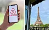 A split view of the Airbnb app on a phone, and a view of the Eiffel Tower