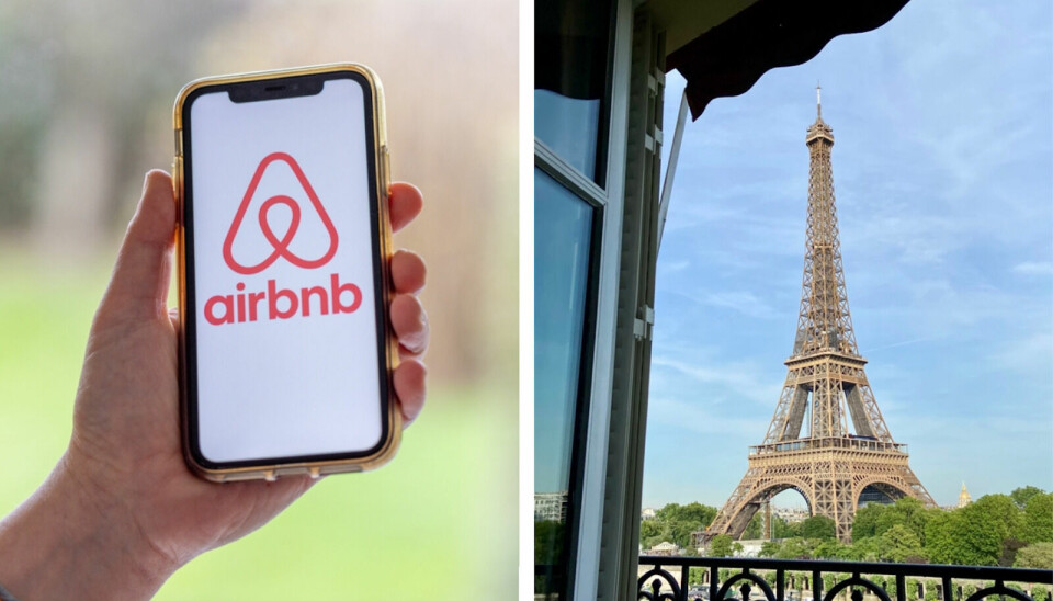 A split view of the Airbnb app on a phone, and a view of the Eiffel Tower