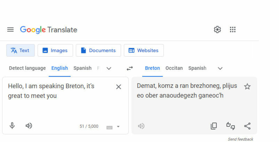A screenshot of Google Translate showing Breton