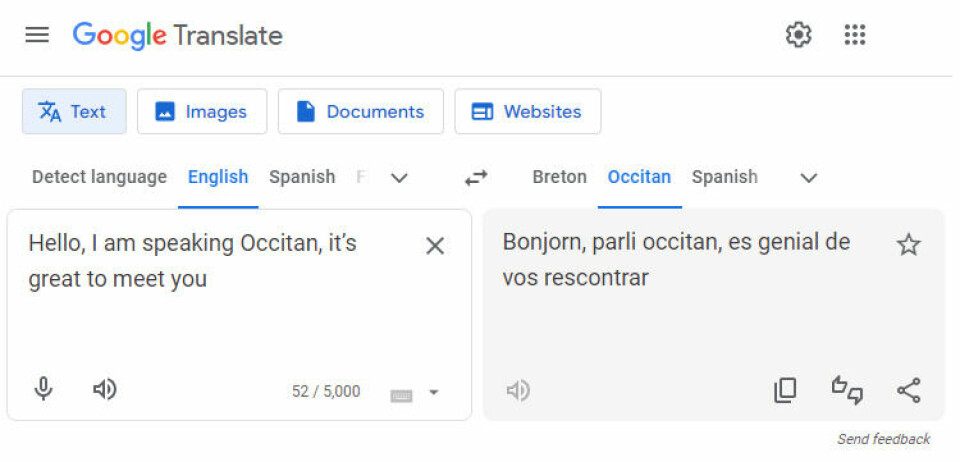A screenshot of Google Translate showing Occitan