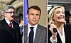 Three-way split image of Jean Luc Mélenchon, President Macron and Marine Le Pen