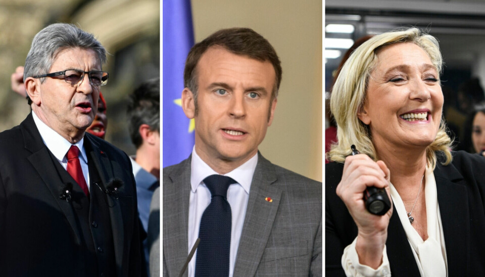 Three-way split image of Jean Luc Mélenchon, President Macron and Marine Le Pen