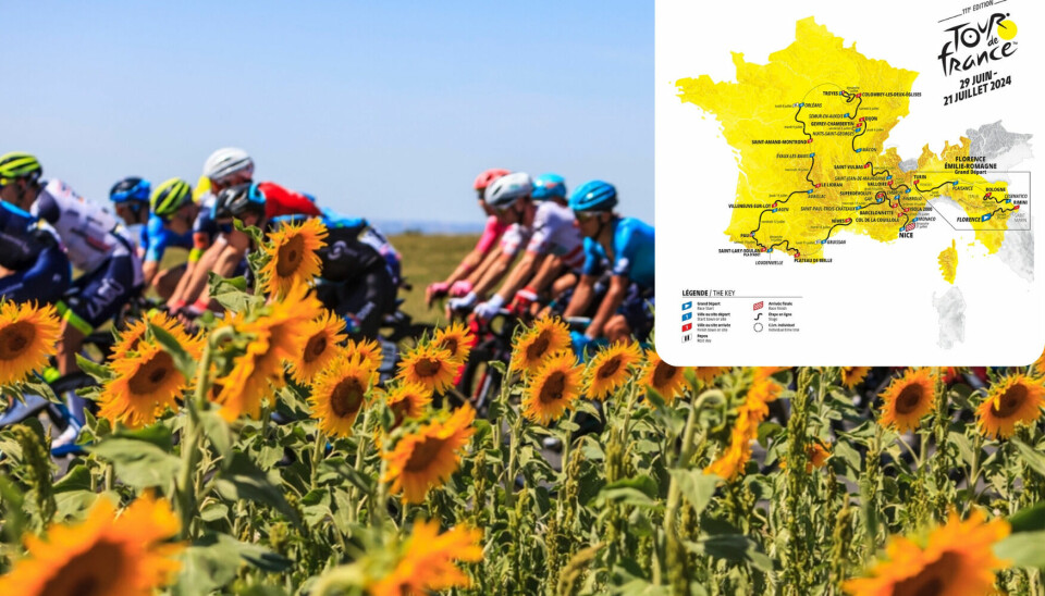 Cyclists in the Tour de France race in 2022 with inset map of the route
