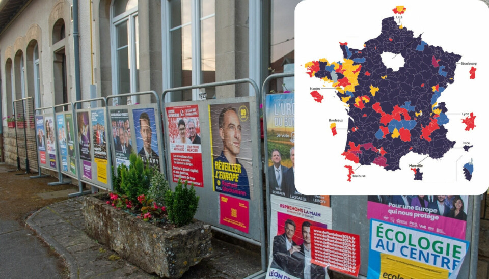 French electoral posters with inset map of projected parliamentary seats