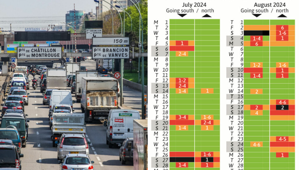 Split image of heavy traffic on the paris ring roads in july 2019 and a calendar of busy traffic dates