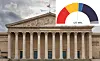 view of french parliament with inset poll of french parliamentary elections