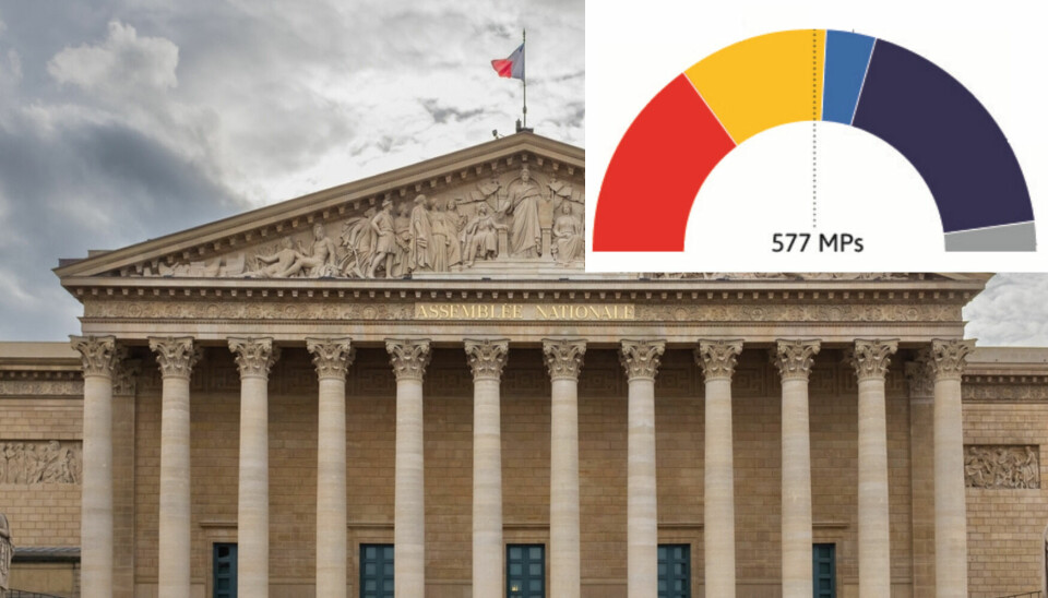 view of french parliament with inset poll of french parliamentary elections