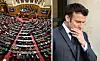 Split image of French parliament and president Macron
