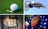 Four way split image of golf ball and tee, flag of English Premier League football, the NBA and an American football