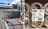 Supermarket trolleys outside a Carrefour in France and rolls of Scotch masking tape