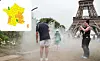 People cooling off in Paris in July 2024 with inset map of weather warning