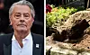 A split image of the late actor Alain Delon on one side, and a grave being dug on the other side