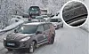 Split image of cars on a snowy road in Alp d'huez france, and a close up of an M+S tyre