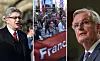 three-way split image of Jean-Luc Mélenchon a protest by La France Insoumise and Michel Barnier
