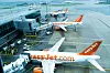 A view of three EasyJet planes at Gatwick airport