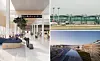 three-way split image of an artist’s impression of the revamped bordeaux airport and a photo of bordeaux airport in 2018 in south-west france