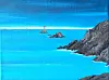 Painting of a bright blue sea, rocks and lighthouse