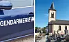 Split image of a gendarmerie car and the church of Lépanges-sur-Vologne, Vosges, France