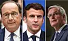 Three-way split image of François Hollande, Emmanuel Macron and Michel Barnier