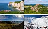 A four-part image showing (clockwise) Etretat, Cordes-sur-Ciel, Cauterets, and Saint-Lary-Soulan